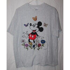 Disney Mickey Mouse Ladies Tee With Embroidery Butterflies Flowers Size XL Gray